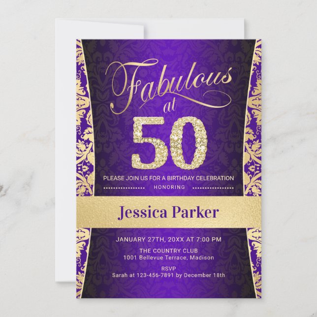 Invitación 50.ª fiesta de cumpleaños - Púrpura dorada (Anverso)