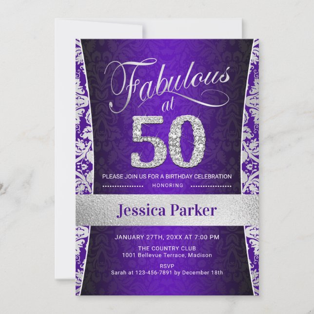 Invitación 50.ª fiesta de cumpleaños - Púrpura plateado (Anverso)