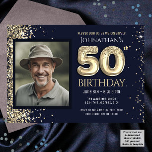 Invitación 50.ª fiesta de cumpleaños Purpurina de oro azul