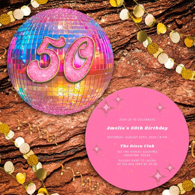 Invitación 50.ª fiesta de cumpleaños Purpurina rosado dorado  (Front/Back)