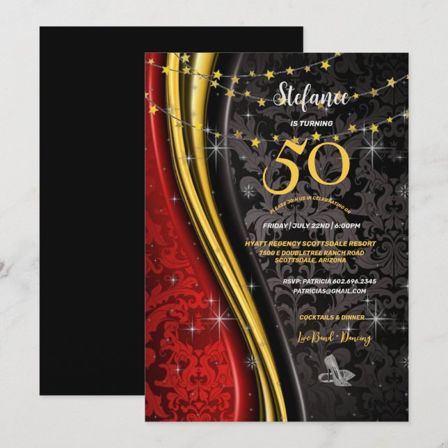 Invitación 50.ª fiesta de cumpleaños Red, Gold & Black Swirls (Anverso / Reverso)