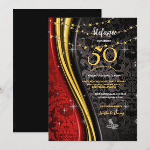 Invitación 50.ª fiesta de cumpleaños Red, Gold & Black Swirls