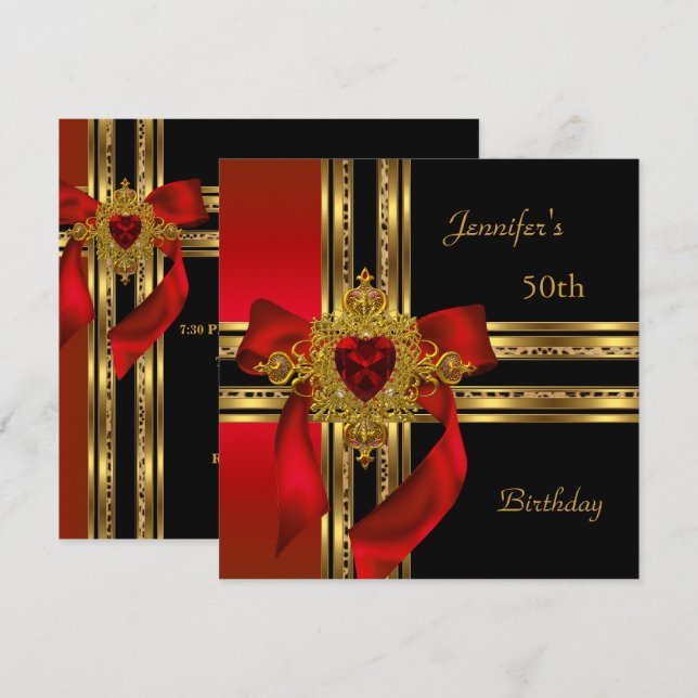 Invitación 50.ª Fiesta de Cumpleaños Red Gold Heart Jewel (Anverso / Reverso)