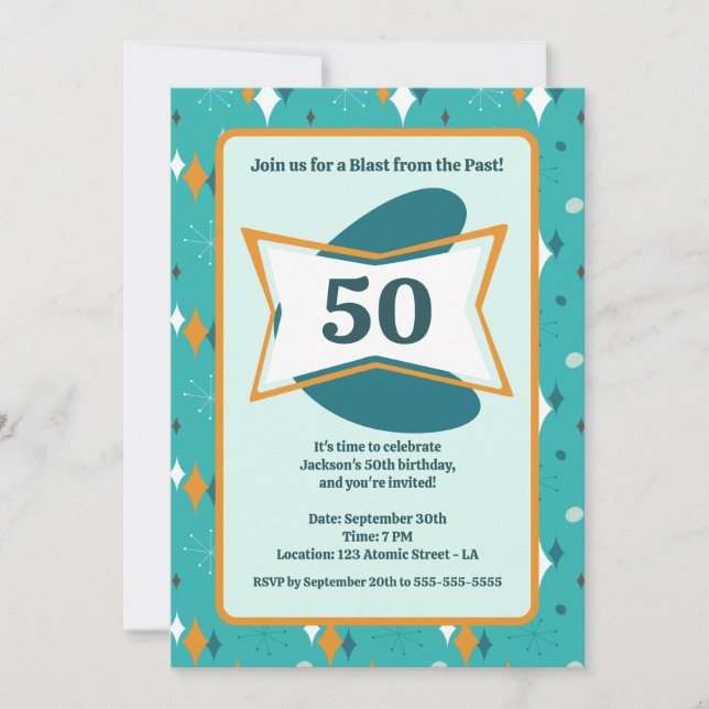 Invitación 50.ª Fiesta de Cumpleaños Retro Mid Century Cualqu (Anverso)