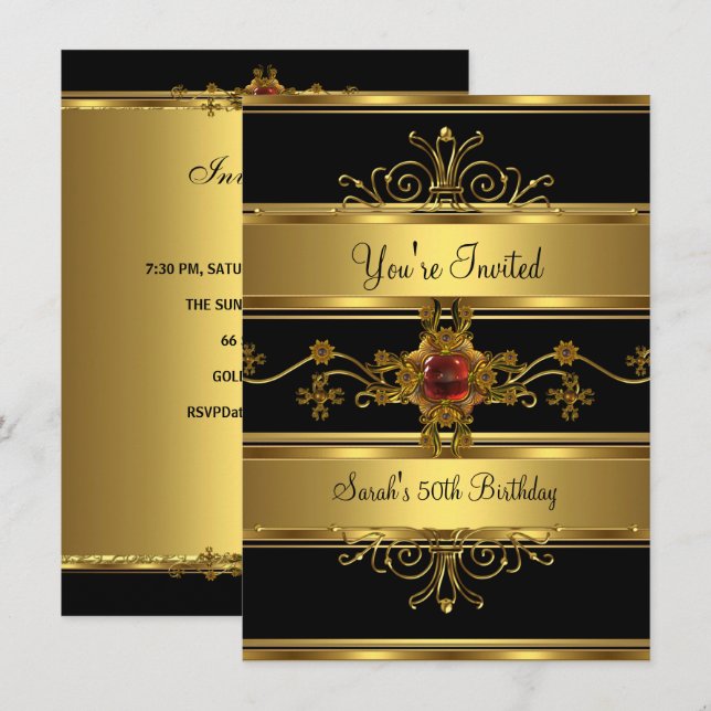 Invitación 50.ª fiesta de cumpleaños rica oro jewel rojo negr (Anverso / Reverso)