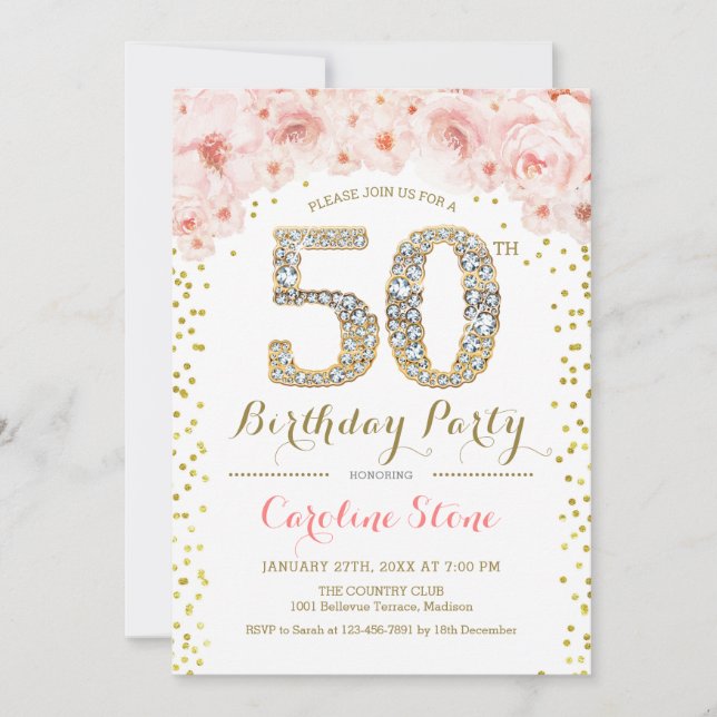 Invitación 50.ª Fiesta de Cumpleaños - Rosa de Oro Blanco (Anverso)