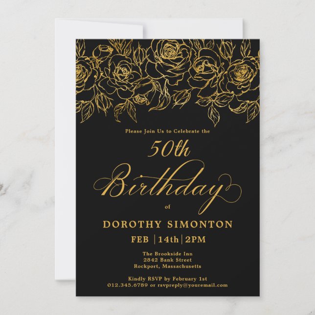 Invitación 50.ª fiesta de cumpleaños Rosa de oro Floral Black (Anverso)