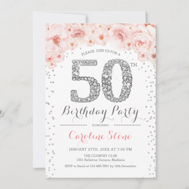 Invitación 50.ª fiesta de cumpleaños - Rosa Plata Blanca (Anverso)