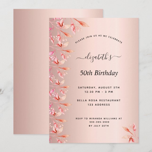 Invitación 50.ª fiesta de cumpleaños rosa Relieve metalizado  (Anverso / Reverso)