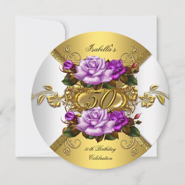 Invitación 50.ª Fiesta de Cumpleaños Rosas Elegantes Purple G (Anverso)