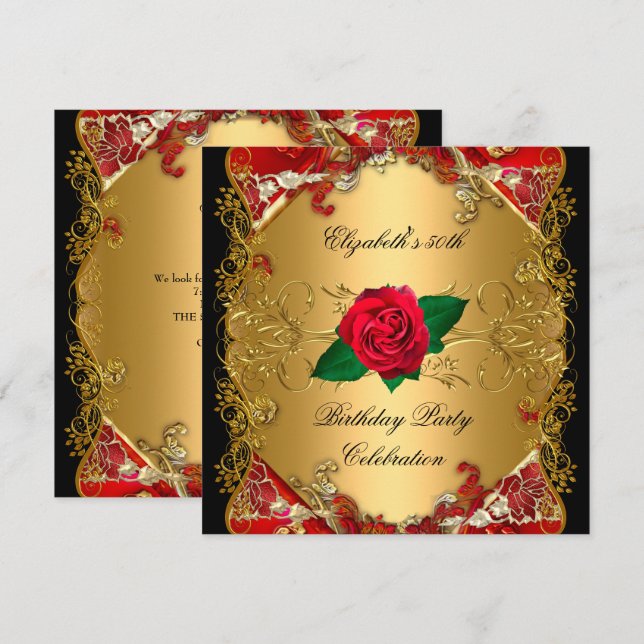 Invitación 50.ª fiesta de cumpleaños Rosas Rojas Negras de Or (Anverso / Reverso)