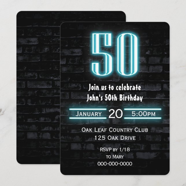 Invitación 50.ª fiesta de cumpleaños Rótulo neón en ladrillo (Anverso / Reverso)