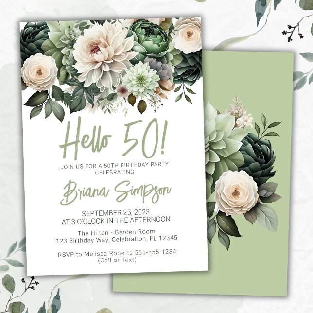Invitación 50.ª fiesta de cumpleaños Sage Green Floral (Subido por el creador)