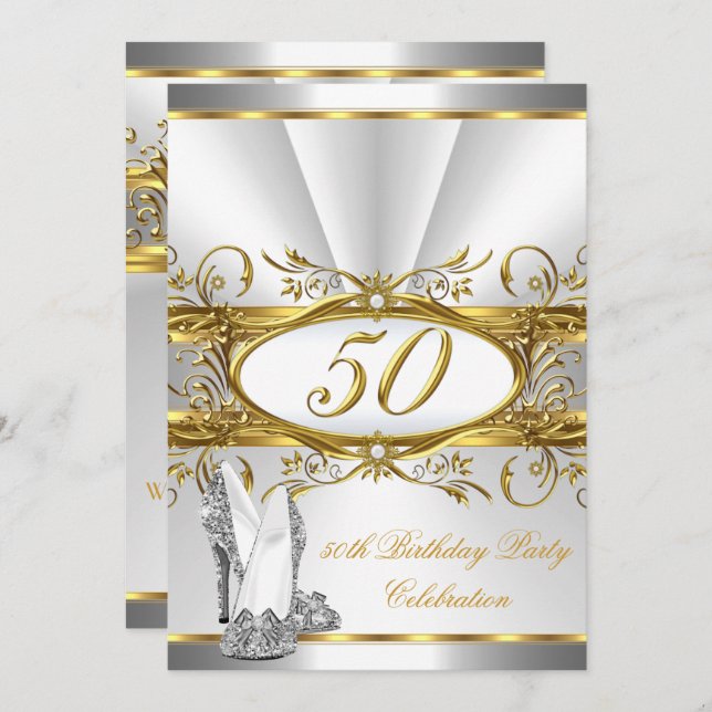 Invitación 50.ª Fiesta de Cumpleaños Talones Plateados de Oro (Anverso / Reverso)