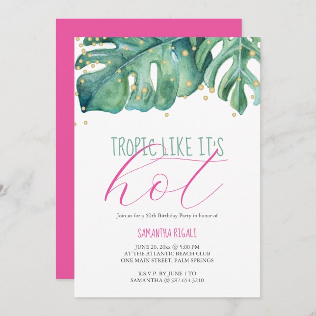 Invitación 50.ª fiesta de cumpleaños Tema tropical (Anverso / Reverso)
