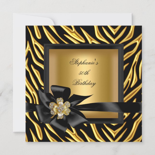 Invitación 50.ª fiesta de cumpleaños Zebra Gold Black Bow (Anverso)