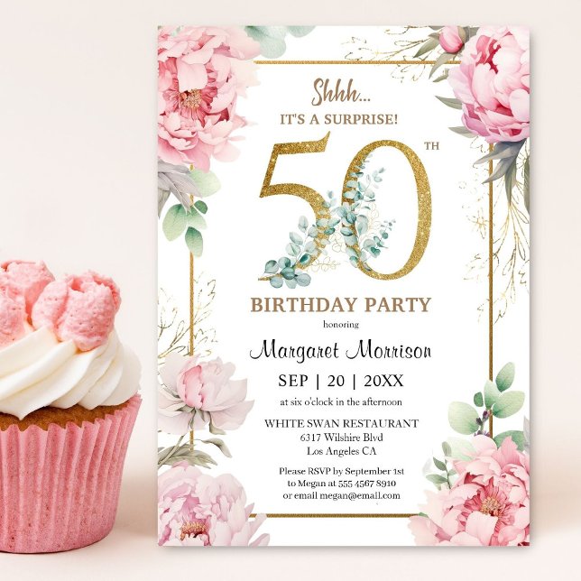 Invitación 50.ª Fiesta de Nacimiento Pink Peony Elegant Flora (Subido por el creador)