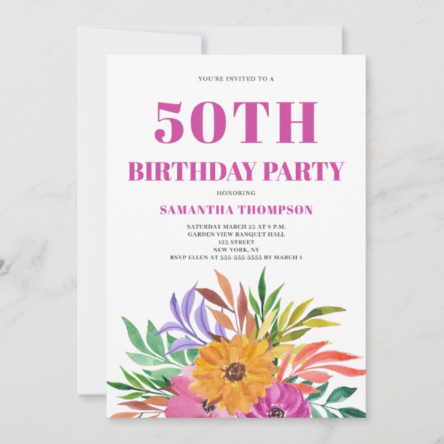 Invitación 50.ª floral tropical rosa (Anverso)