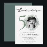 Invitación 50.ª foto de la fiesta de cumpleaños<br><div class="desc">El diseño acuático de la 50ª fiesta de cumpleaños es una impresionante mezcla de elementos vintage y modernos que se unen para crear una obra de arte verdaderamente única y hermosa. Las delicadas ramas de eucalipto, representadas en una paleta de colores suaves y mullidos, le dan un toque de belleza...</div>