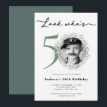 Invitación 50.ª foto de la fiesta de cumpleaños<br><div class="desc">El diseño acuático de la 50ª fiesta de cumpleaños es una impresionante mezcla de elementos vintage y modernos que se unen para crear una obra de arte verdaderamente única y hermosa. Las delicadas ramas de eucalipto, representadas en una paleta de colores suaves y mullidos, le dan un toque de belleza...</div>