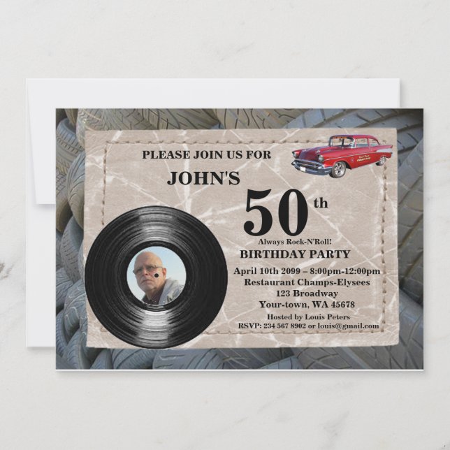 Invitación 50.ª foto del cumpleaños, cualquier edad, coche de (Anverso)