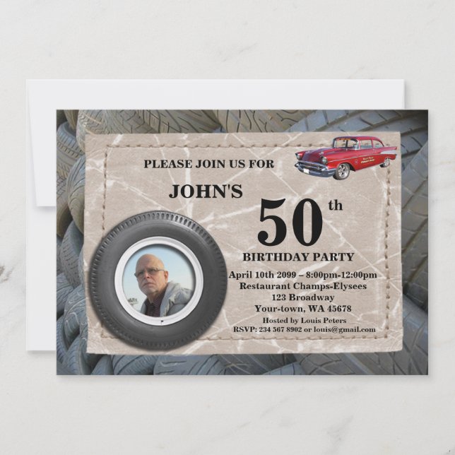 Invitación 50.ª foto del cumpleaños, cualquier edad, coche de (Anverso)