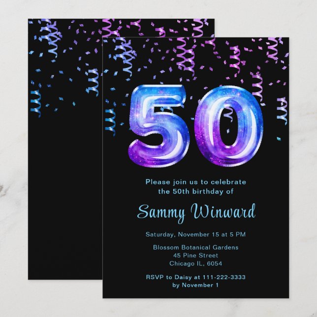 Invitación 50.ª galaxia de cumpleaños con confetti (Anverso / Reverso)