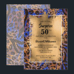 Invitación 50.ª impresión de animales de oro<br><div class="desc">Un patrón de impresión animal salvaje en azul,  marrón y oro está cubierto con una capa de Relieve metalizado de imitación dorada y los detalles de tu fiesta de 50 años en letras de moda - genial para CUALQUIER cumpleaños DE LA EDAD. COORDINANDO artículos disponibles en nuestra tienda.</div>