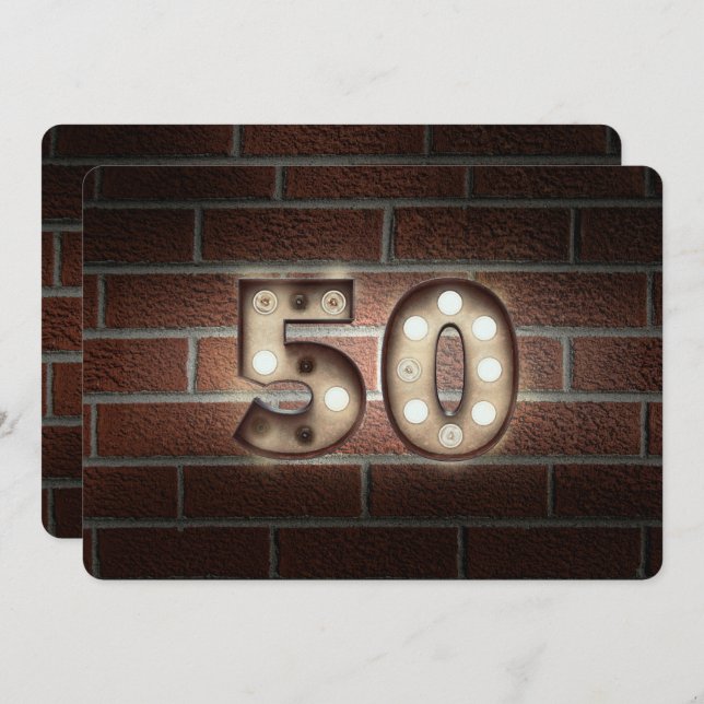 Invitación 50.ª luz de marquesina de cumpleaños en ladrillo (Anverso / Reverso)