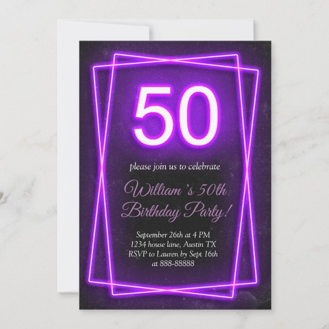 Invitación 50.ª luz neón Moda negra retro 50 cumpleaños (Anverso)