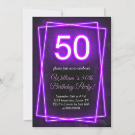 Invitación 50.ª luz neón Moda negra retro 50 cumpleaños