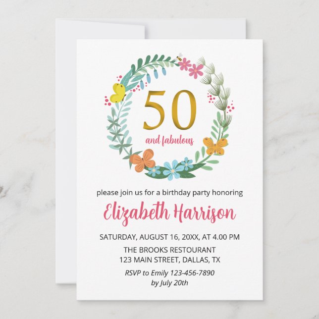 Invitación 50.ª Mariposa de flores de la fiesta de cumpleaños (Anverso)