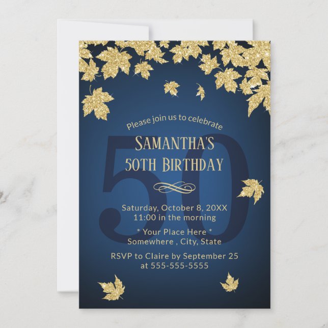 Invitación 50.ª Nacida Marina Blue Modern Gold Leaves (Anverso)