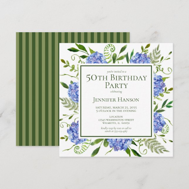 Invitación 50.ª Nacimiento Hidráneas Azules Acuarela Floral (Anverso / Reverso)