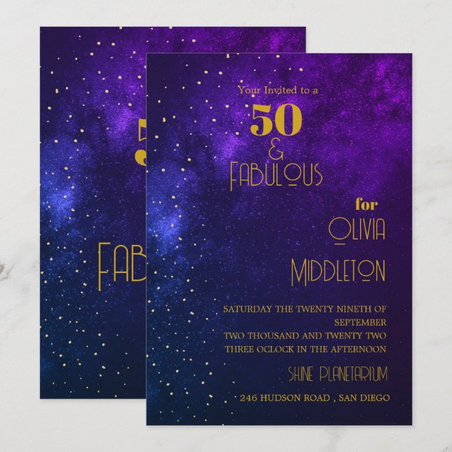 Invitación 50.ª Noche de Cumpleaños Sky Astral Gold Stars Pur (Anverso / Reverso)