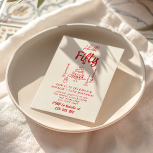 Invitación 50.ª Pastel Dibujado A Mano Hola Cincuenta Cumplea