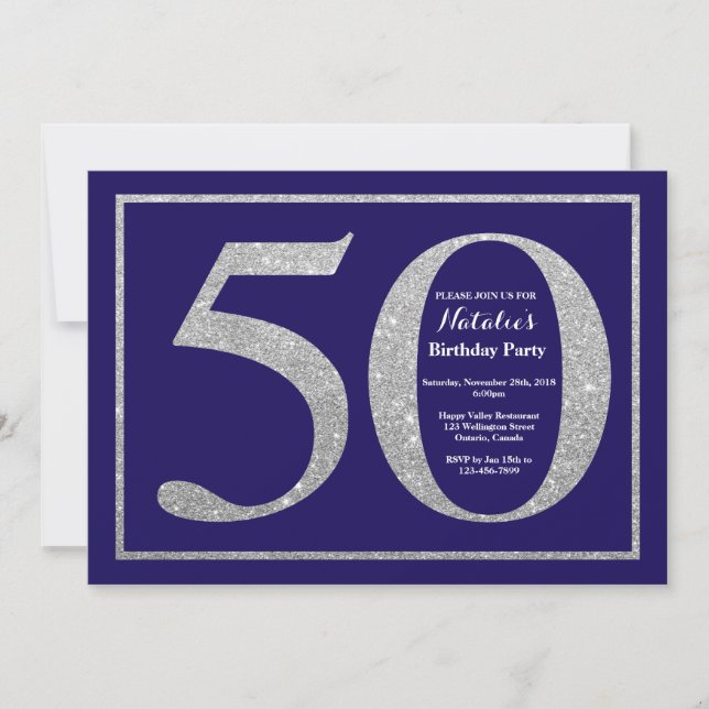 Invitación 50.ª Purpurina azul y plateado de la marina de cum (Anverso)