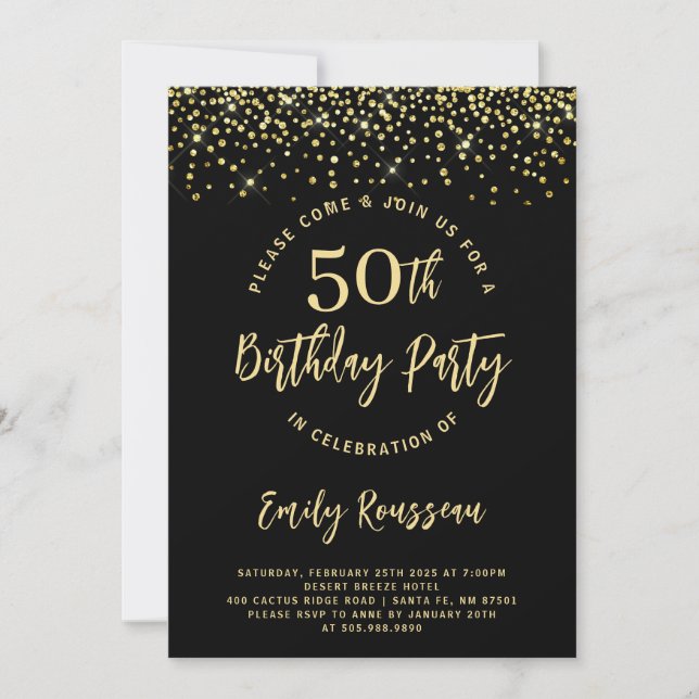 Invitación 50.ª Purpurina de oro de cumpleaños Confetti Black (Anverso)