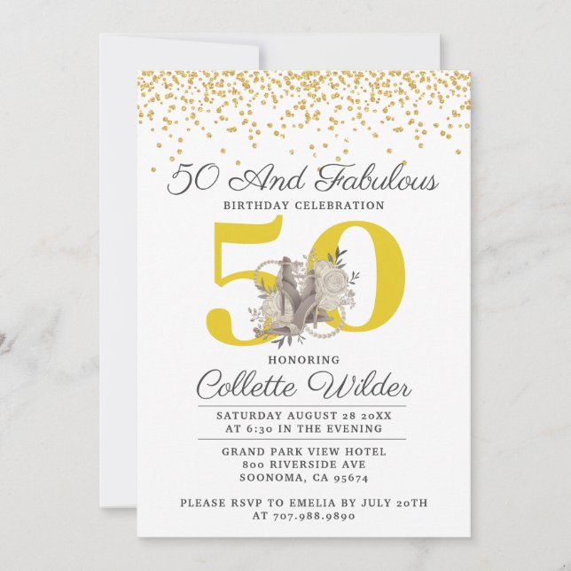 Invitación 50.ª Purpurina de oro de cumpleaños Confetti Black (Anverso)