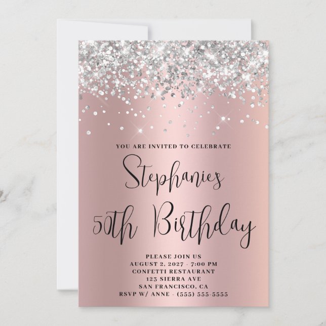 Invitación 50.ª Purpurina de plata de cumpleaños, oro rosa (Anverso)