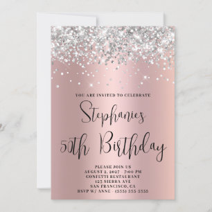 Invitación 50.ª Purpurina de plata de cumpleaños, oro rosa
