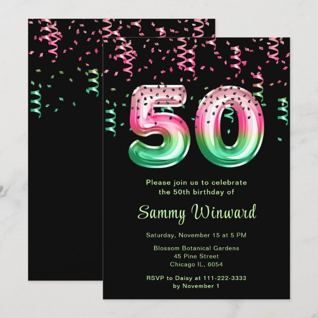 Invitación 50.ª sandía de cumpleaños con Confetti (Anverso / Reverso)