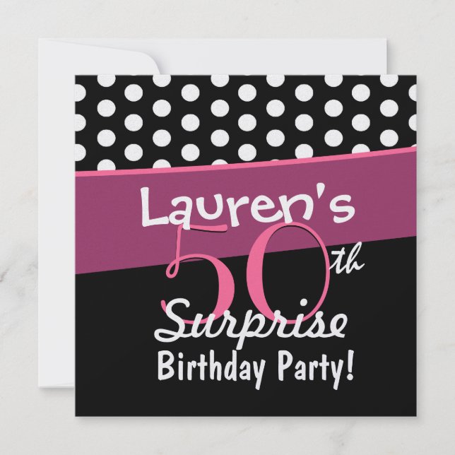 Invitación 50.ª sorpresa cumpleaños Black White Polka puntos  (Anverso)