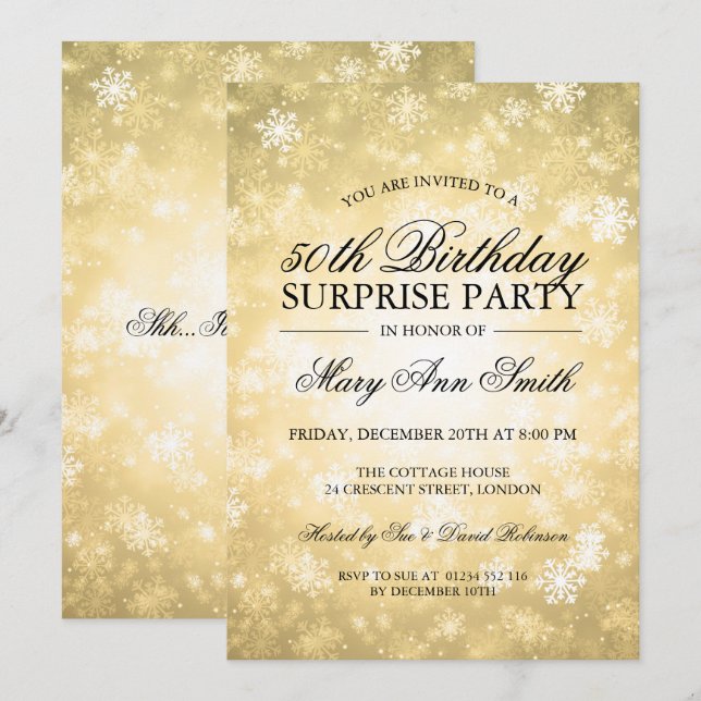 Invitación 50.ª sorpresa Cumpleaños Gold Winter Wonderland (Anverso / Reverso)