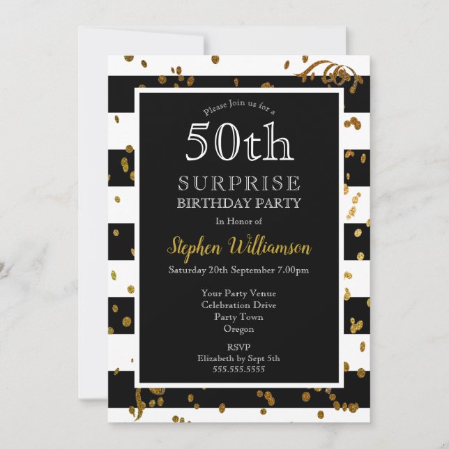 Invitación 50.ª sorpresa cumpleaños negro y blanco | PURPURIN (Anverso)