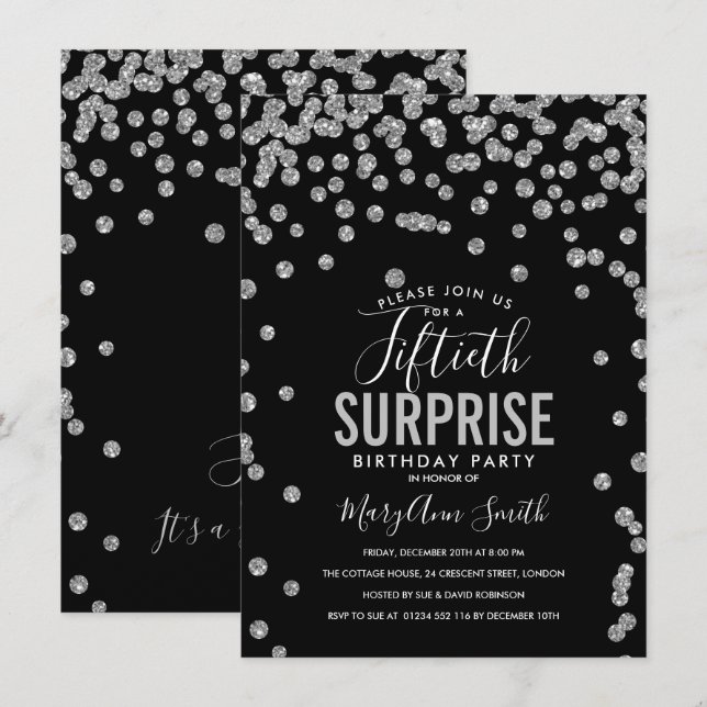 Invitación 50.ª sorpresa Cumpleaños Plata Negro (Anverso / Reverso)