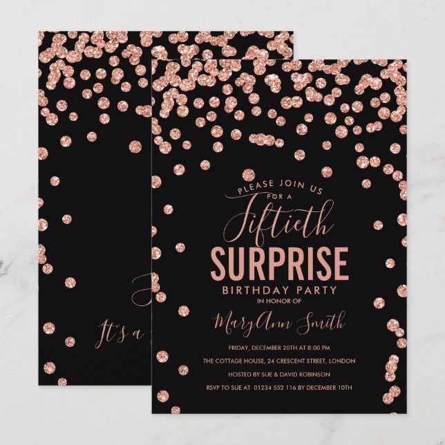 Invitación 50.ª Sorpresa Cumpleaños Rosa Oro Negro (Anverso / Reverso)
