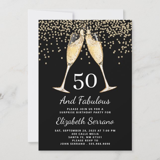 Invitación 50.ª Sorpresa Cumpleaños Tostada De Champagne Conf (Anverso)