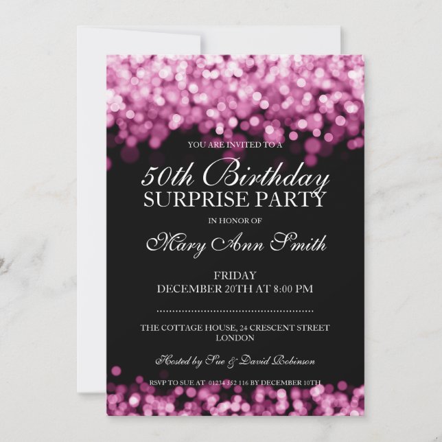 Invitación 50.ª Sorpresa Fiesta de Cumpleaños Luces Rosadas (Anverso)