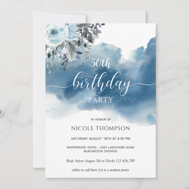 Invitación 50.ª u otra acuarela azul con floral (Anverso)